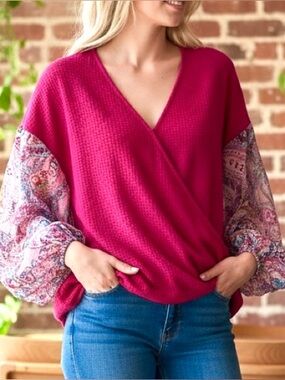 Umgee Hot Pink & Paisley Print Puffy Flowy Sleeves Blouse Boho Festival ~ Small